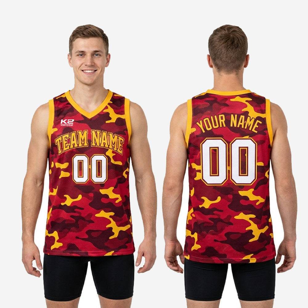 Custom Red Black and Yellow Basketball Jersey | Camo Print