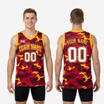 Size and spec chart for custom red and gold camo basketball jerseys showing youth and adult sizing options