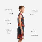 Size and specification sheet for flame-design red and black youth basketball uniforms showing youth size run for full roster ordering