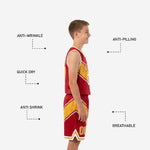 Back view of red and gold youth tournament basketball uniforms showing player name and number placement