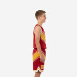 Front view of red and gold custom youth tournament basketball uniform set with arced team name and number 00