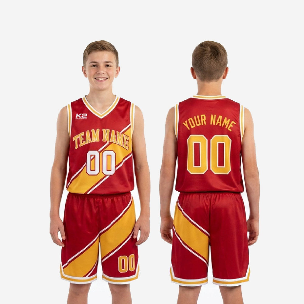 Custom Red and Gold Youth Tournament Basketball Uniforms
