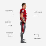 Back view of red and gray youth football uniforms showing back number placement and gray pants with red outer leg stripe