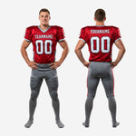 Size and specification sheet for red and gray custom American football uniform set youth through adult sizing