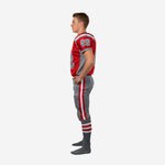 Opposite side view of red and grey custom youth American football uniform set showing side panel seam construction and pant stripe detail