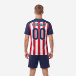 Close detail of custom sublimated red navy stripe soccer uniform set by K2 Sportswear