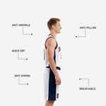 Back view of custom red white and blue basketball uniform showing player name across shoulders and back number in navy with red outline