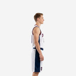 Front view of custom red white and blue basketball uniform with collegiate arc team name in navy with red outline and matching navy panel shorts
