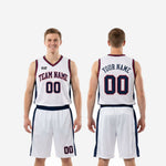 Size and specification sheet for custom red white and blue basketball uniforms showing youth and adult sizing options for full roster orders