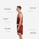 Back view of red and white reversible basketball uniform showing back number placement and player name zone on maroon-red sublimated jersey