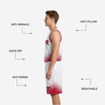 Back view of red reversible basketball jersey with white player name arc and large white number outlined in red above matching shorts
