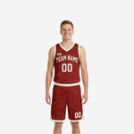 Red and white reversible basketball uniforms front and back view showing maroon-red topographic contour jersey and matching shorts with cream-white trim