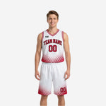 Red and white reversible basketball uniforms showing white front with halftone dot pattern and red reverse side with white dots on a male model