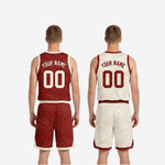 Full set view of custom red and white reversible basketball uniform for rec leagues showing jersey and matching shorts together