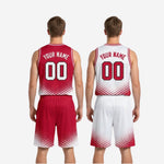 Close-up detail of red halftone dot sublimation pattern on white basketball jersey hem and shorts leg