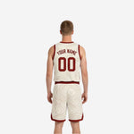 Opposite side view of cream-white reverse side of custom reversible basketball uniform with maroon-red collar and armhole trim