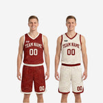 Shorts detail of red and white reversible basketball uniform set showing cream-white waistband, drawcord, and hem binding on maroon-red contour shorts