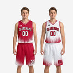 Matching basketball shorts with halftone dot pattern at hem in red and white showing elastic waistband and drawcord