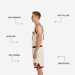 Size and specification sheet for custom red and white reversible basketball uniforms showing youth and adult sizing run