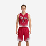Size and specification sheet for red and white reversible basketball uniform set covering youth and adult sizes