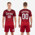 Red and white complete soccer uniform full kit back view with player name and number