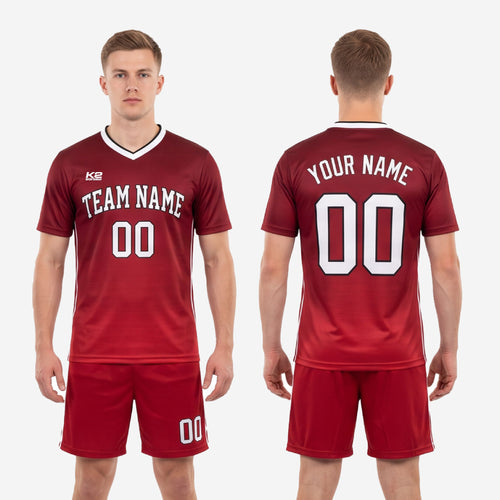 Red and white complete soccer uniform full kit back view with player name and number