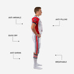 Close detail of sublimated red shoulder panel and navy stripe collar trim on custom youth football uniform showing color depth and print clarity