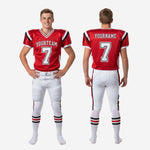 Size and specification sheet for custom red and white youth football uniform sets available in full youth sizes