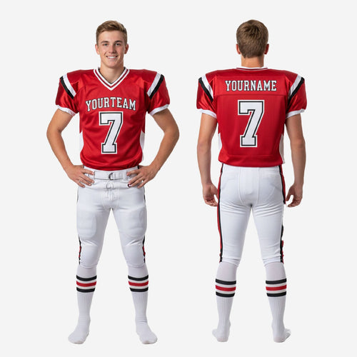 Size and specification sheet for custom red and white youth football uniform sets available in full youth sizes