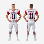 Size and specification sheet for custom red and white youth football uniform sets showing available youth sizes for full roster ordering