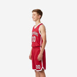 Opposite side view of red youth basketball uniform set showing white side stripe panels on jersey and matching shorts leg stripe