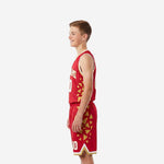 Size and specification sheet for custom red youth basketball uniforms showing full youth size run for roster ordering