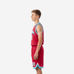 Youth basketball uniform size and specification sheet for custom red and teal basketball jersey and shorts set