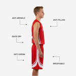Back view of red sublimated youth basketball uniform jersey and shorts showing back number placement and white side panel construction