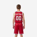 Back view of red custom youth basketball uniform set showing back number and player name placement on red sublimated jersey