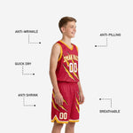 Back view of crimson red youth basketball jersey showing back number and name zone with gold and white sublimated detail