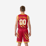 Red youth basketball uniform set opposite side view showing gold V-neck binding, claw graphic detail, and matching shorts