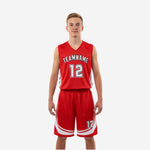 Red youth basketball uniforms full set showing sublimated V-neck jersey with arched team name and number 12, matching red and white shorts with sweep panel, front and back views