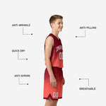 Close detail of geometric hex texture in the maroon-to-coral gradient print on youth basketball uniform jersey