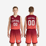 Youth basketball uniform size and specification reference sheet for the red and maroon gradient full set
