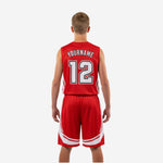 Opposite side view of red and white youth basketball uniform set showing matching white panel design on jersey sides and shorts