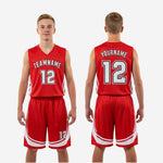Size and specification sheet for red youth basketball uniforms showing available youth sizes across the full roster range