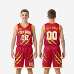 Youth size and spec sheet for red and gold sublimated basketball uniform set including jersey and shorts measurements