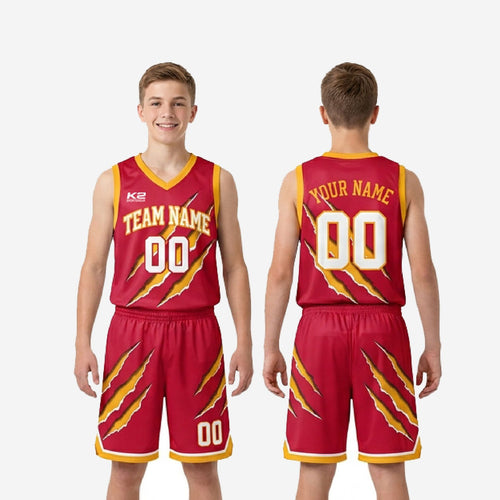 Youth size and spec sheet for red and gold sublimated basketball uniform set including jersey and shorts measurements