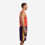 Retro basketball uniform kit side view showing gold stripe detail on jersey and shorts