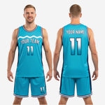 Full teal and navy retro wave basketball uniform set from K2 Sportswear, jersey and shorts kit