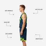 Back view of reversible basketball jersey and shorts showing sublimated back number and player name placement on navy topographic design