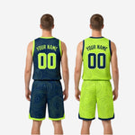Size and specification sheet for navy and lime green reversible basketball jersey and shorts in youth and adult sizing