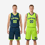 Close-up detail of sublimated topographic contour-line pattern on navy and lime green reversible basketball jersey fabric