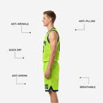 Full set detail of navy and lime green reversible basketball uniform showing both jersey and shorts contour pattern construction